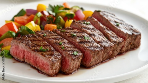 A stylishly presented steak dinner, with succulent slices of grilled steak arranged artfully on a white plate, accompanied by colorful vegetable medley.