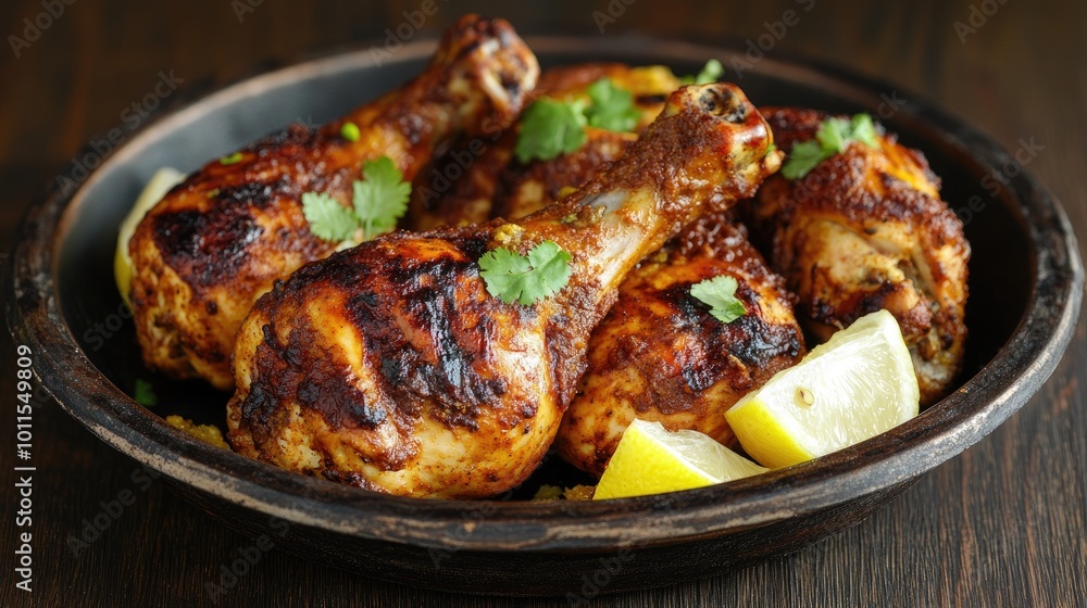 A tantalizing plate of tandoori chicken, marinated in yogurt and spices, roasted to perfection in a clay oven, served with mint chutney and lemon wedges. A tantalizing plate of tandoori chicken, marinated in yogurt and spices, roasted to perfection in a clay oven, served with mint chutney and lemon wedges.