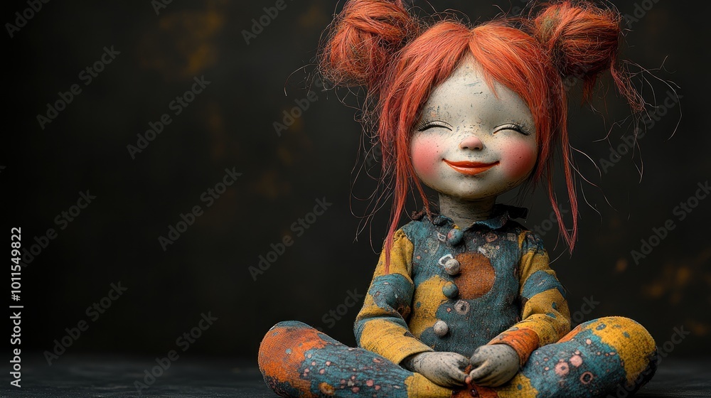 A whimsical doll with colorful hair and playful attire, smiling. A whimsical doll with colorful hair and playful attire, smiling.