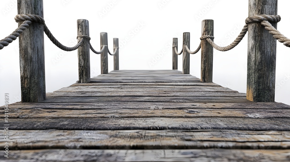 Naklejka premium A weathered wooden pier with rope railing, isolated and cut out against a simple background.