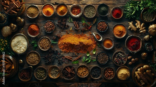 Colorful Spices and Herbs Layout on Wooden Table