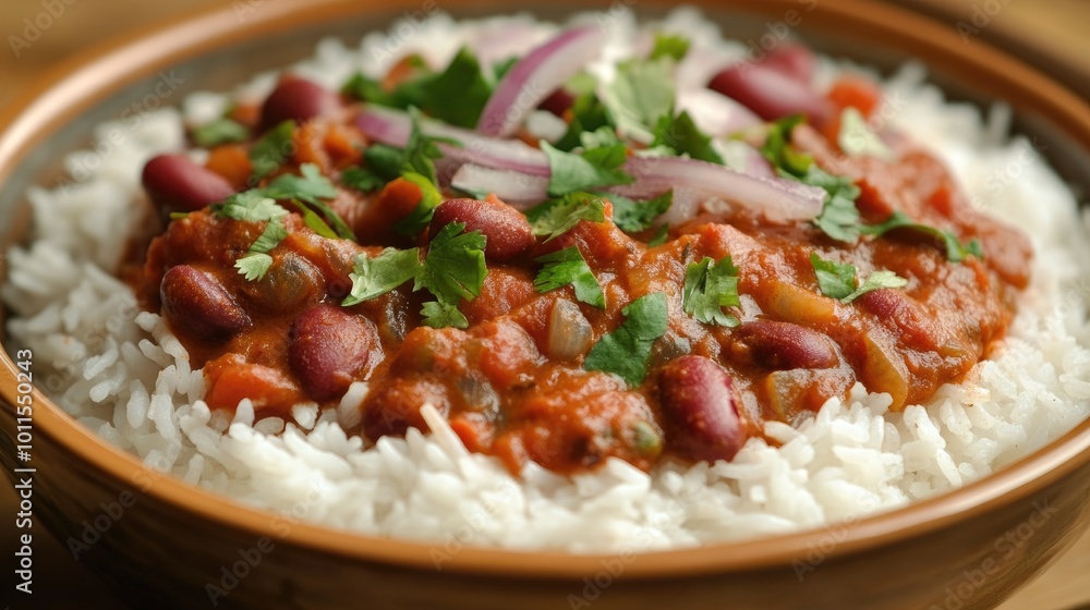 A tempting bowl of rajma masala, hearty red kidney bean curry cooked with tomatoes, onions, and aromatic spices, served with fluffy basmati rice. A tempting bowl of rajma masala, hearty red kidney bean curry cooked with tomatoes, onions, and aromatic spices, served with fluffy basmati rice.