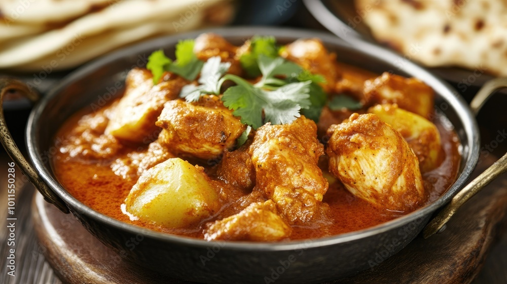 A tempting plate of chicken vindaloo, fiery and tangy curry with tender chicken pieces, potatoes, and a spicy vinegar-based sauce, served with naan. A tempting plate of chicken vindaloo, fiery and tangy curry with tender chicken pieces, potatoes, and a spicy vinegar-based sauce, served with naan.