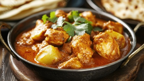 A tempting plate of chicken vindaloo, fiery and tangy curry with tender chicken pieces, potatoes, and a spicy vinegar-based sauce, served with naan.