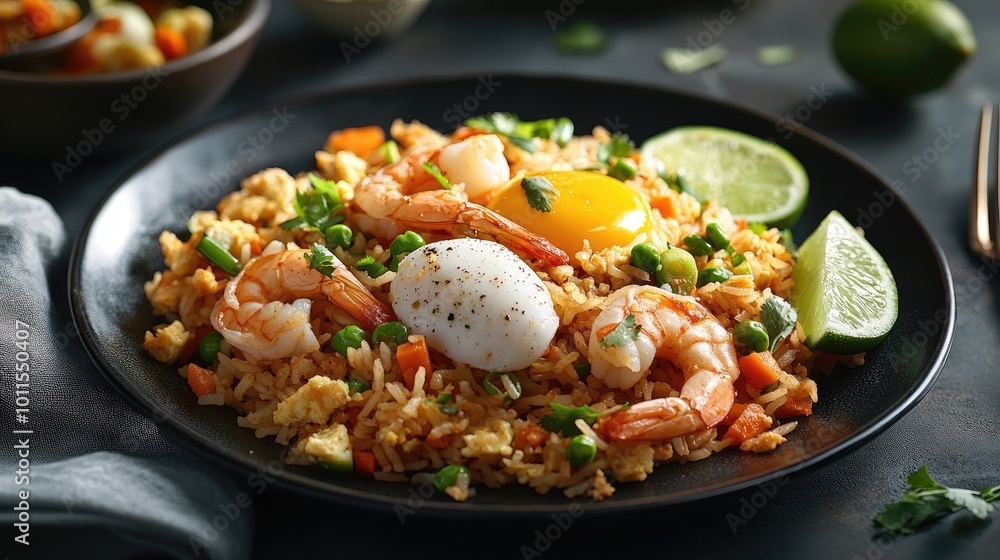 A tempting platter of Khao Pad, Thai fried rice with shrimp, egg, onions, peas, and carrots, garnished with sliced cucumber and a wedge of lime. A tempting platter of Khao Pad, Thai fried rice with shrimp, egg, onions, peas, and carrots, garnished with sliced cucumber and a wedge of lime.