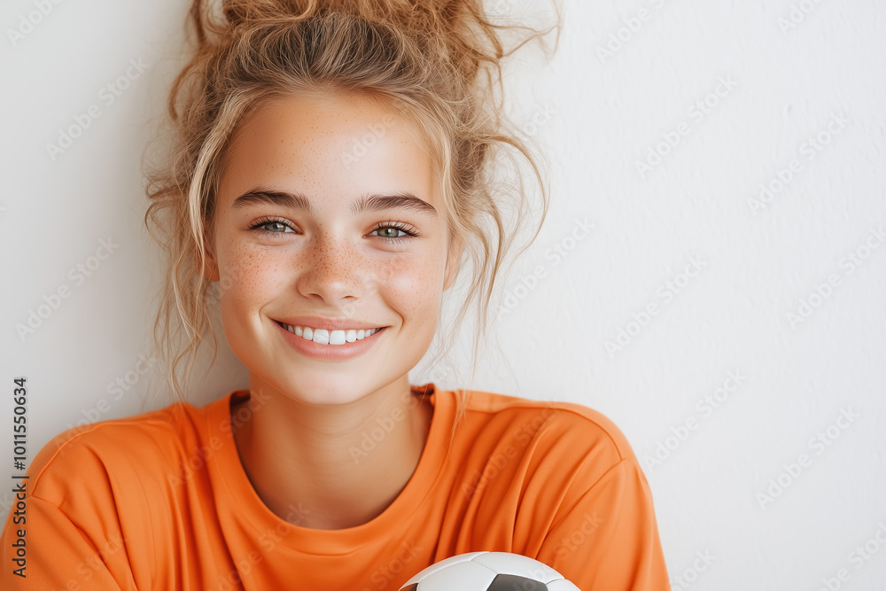 Smiling young female soccer player in orange jersey holding soccer ball Smiling young female soccer player in orange jersey holding soccer ball