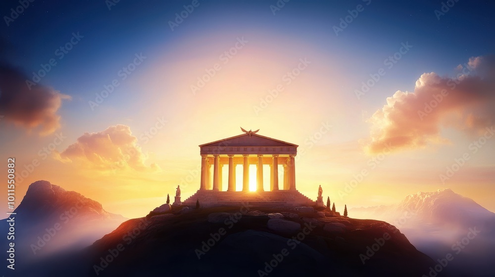 Fototapeta premium A Greek temple atop a hill, with its ancient columns and architectural details silhouetted against the sky.