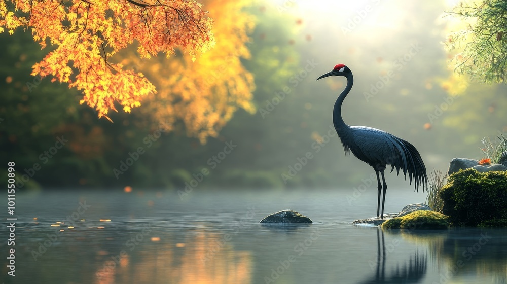 Fototapeta premium Tranquil Crane in Serene Pond, majestic bird embodying longevity and peace, surrounded by lush greenery and calm waters