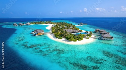 Fototapeta Naklejka Na Ścianę i Meble -  A dream vacation in the Maldives, with luxurious overwater villas, turquoise waters, and white sandy beaches, representing paradise