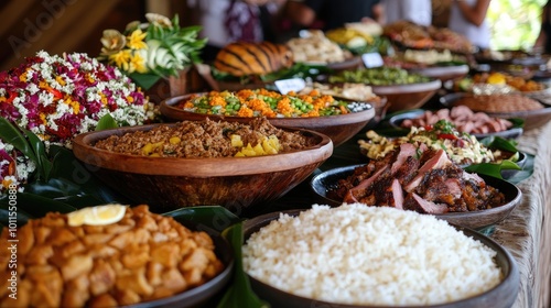 A traditional Hawaiian luau feast, with tables laden with kalua pig, poi, lomi lomi salmon, and other delicious island dishes. photo