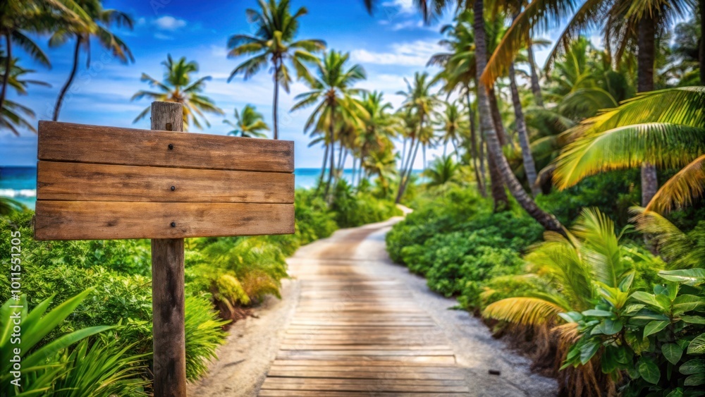 A rustic wooden signpost stands tall against a backdrop of swaying palm trees and a sun-drenched sandy path leading to an idyllic beach. A rustic wooden signpost stands tall against a backdrop of swaying palm trees and a sun-drenched sandy path leading to an idyllic beach.