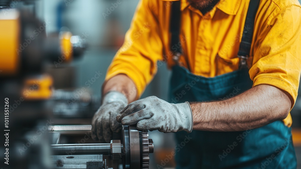 Skilled Worker Operating a Lathe Machine in a Manufacturing Workshop for Precision Metal Shaping and Fabrication. Skilled Worker Operating a Lathe Machine in a Manufacturing Workshop for Precision Metal Shaping and Fabrication.