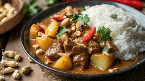 A traditional plate of Massaman curry, rich and aromatic with tender beef, potatoes, peanuts, and onions, served with fluffy Thai jasmine rice.