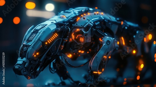 A futuristic animal-robot hybrid with advanced mechanical parts, glowing components, and sleek cybernetic limbs, representing a powerful sci-fi creature photo