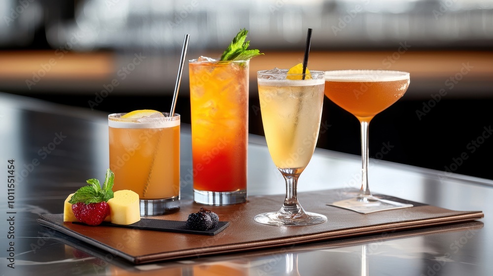 A leather-bound cocktail menu with a variety of artisanal drinks listed, set on a high-end bar with a classic look. A leather-bound cocktail menu with a variety of artisanal drinks listed, set on a high-end bar with a classic look.