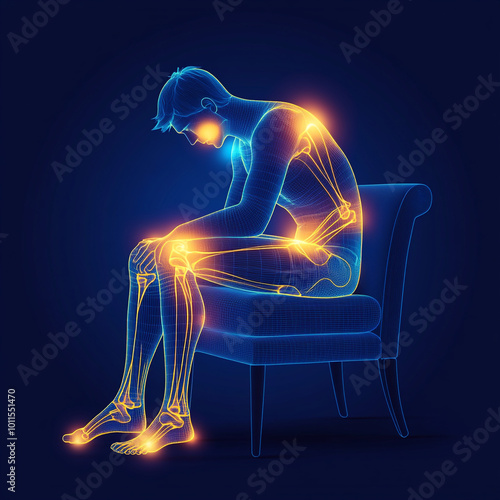A human has multiple red glowing dots around the areas where they are suffering from bodily discomfort or pain. 