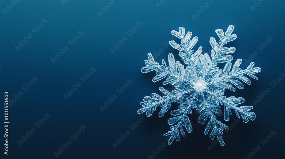Close-up of delicate snowflake floating against a blue background Close-up of delicate snowflake floating against a blue background