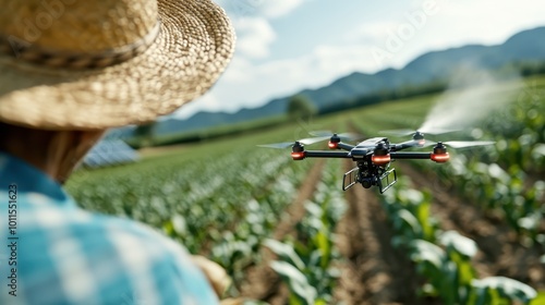 A farmer is using a drone to monitor crops in a vibrant green field, showcasing modern agricultural technology in a picturesque rural setting with mountains. photo