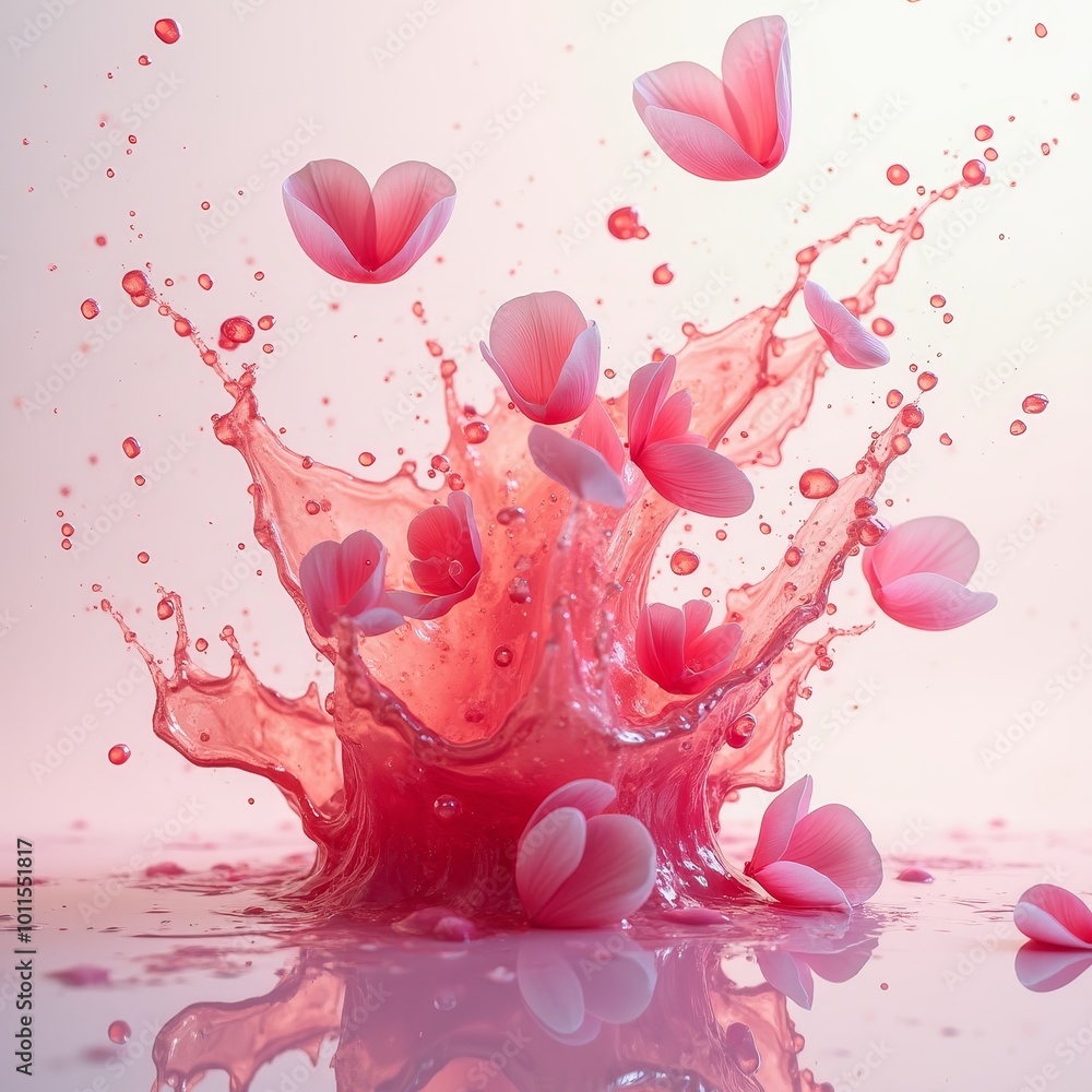 Delicate pink petals fall into water, creating vibrant splashes and rippling waves in unison Delicate pink petals fall into water, creating vibrant splashes and rippling waves in unison