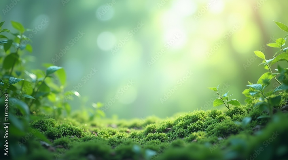 Sunlight shines through trees, lighting up vibrant moss and fresh green leaves below Sunlight shines through trees, lighting up vibrant moss and fresh green leaves below