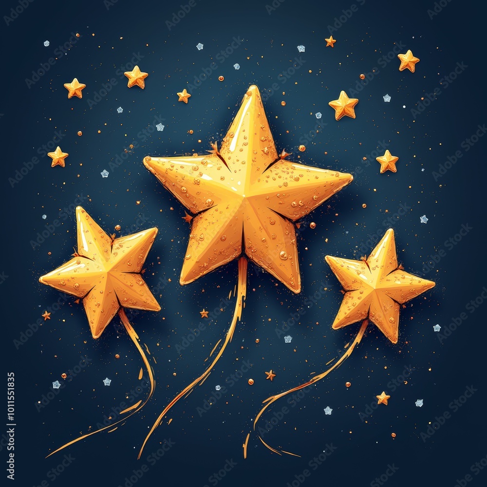 Golden stars float upward in a deep blue sky, surrounded by smaller twinkling stars Golden stars float upward in a deep blue sky, surrounded by smaller twinkling stars