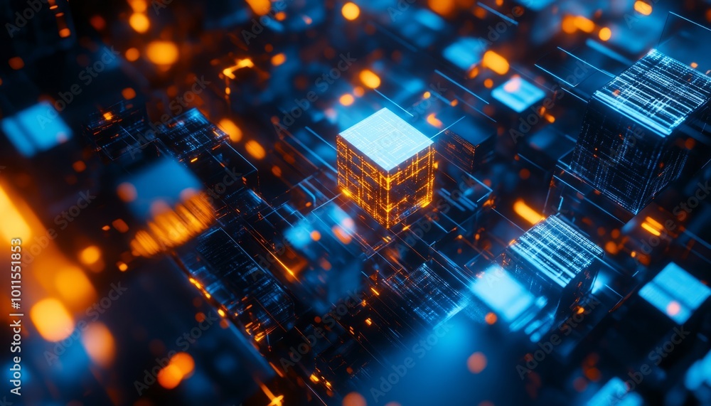 Obraz premium A futuristic and dynamic background featuring glowing blue and orange cubes, creating an energetic and vibrant atmosphere ideal for technology-themed designs and visual projects.
