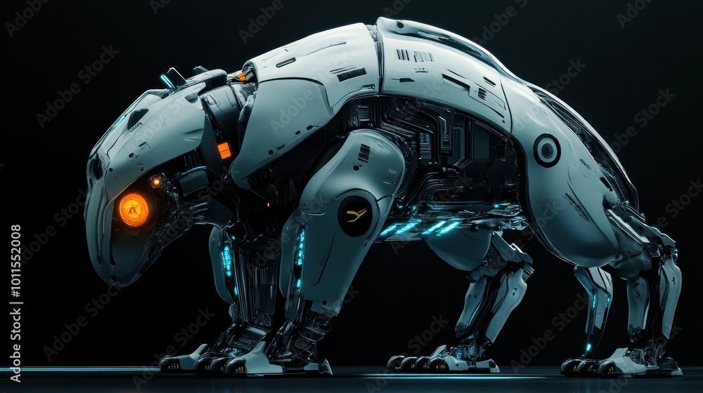 A futuristic cyborg animal, half robotic and half organic, with sleek mechanical limbs and glowing eyes, blending sci-fi elements with animal biology A futuristic cyborg animal, half robotic and half organic, with sleek mechanical limbs and glowing eyes, blending sci-fi elements with animal biology