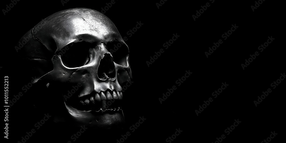 dark and moody human skull emerging from shadows with eerie lighting for halloween horror
dark and moody human skull emerging from shadows with eerie lighting for halloween horror