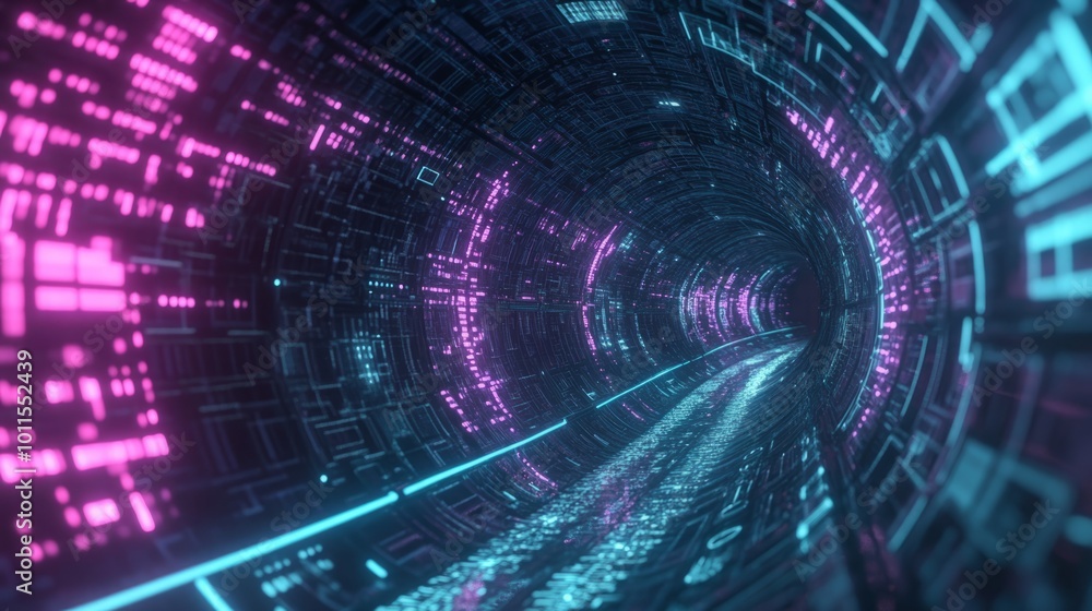Fototapeta premium A futuristic data tunnel illuminated by neon lights and intricate digital patterns, representing a high-tech environment that captures the essence of technology and innovation in the cyber space lands