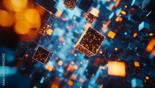 A futuristic and dynamic background featuring glowing blue and orange cubes, creating an energetic and vibrant atmosphere ideal for technology-themed designs and visual projects.