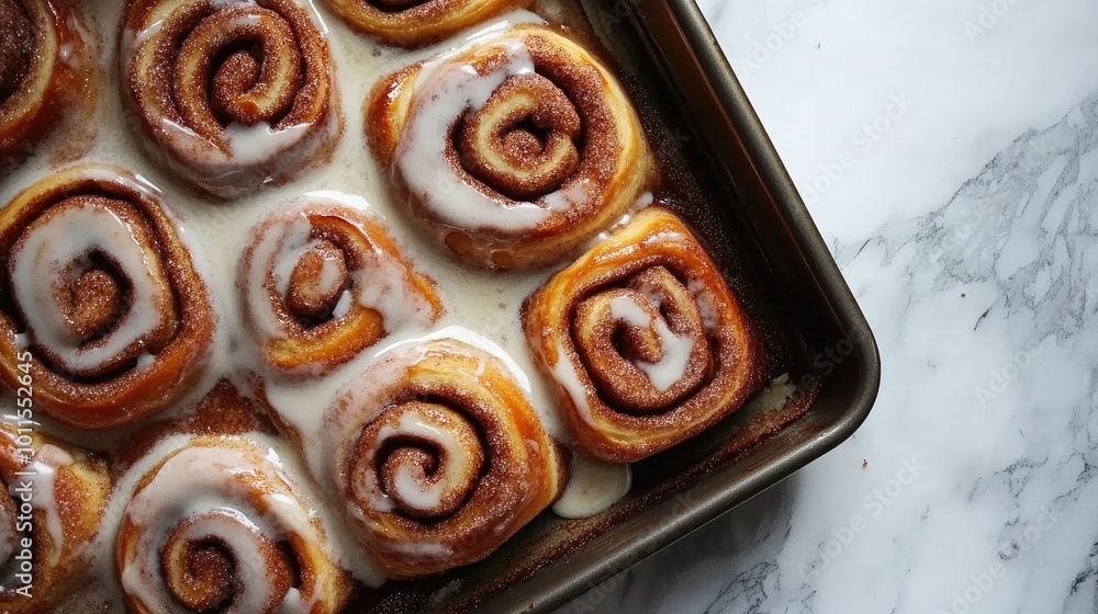 A tray of warm cinnamon rolls straight out of the oven, swirled with cinnamon sugar and topped with a creamy glaze, a comforting treat. A tray of warm cinnamon rolls straight out of the oven, swirled with cinnamon sugar and topped with a creamy glaze, a comforting treat.