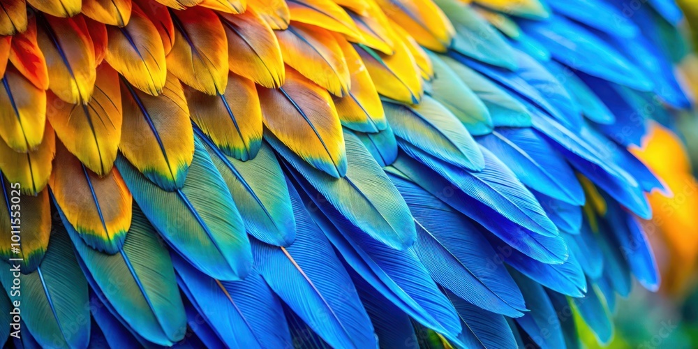 Vibrant blue and yellow feathers arranged in a mesmerizing pattern, showcasing the intricate detail and natural beauty of a bird's wing Vibrant blue and yellow feathers arranged in a mesmerizing pattern, showcasing the intricate detail and natural beauty of a bird's wing