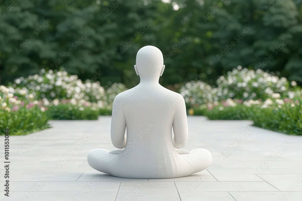 A serene view of a white statue meditating in a peaceful garden, surrounded by blooming flowers and lush greenery. A serene view of a white statue meditating in a peaceful garden, surrounded by blooming flowers and lush greenery.