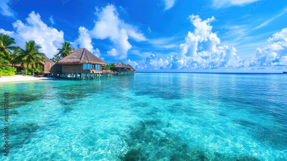 Fototapeta premium A Maldives travel banner showcasing a luxury resort with overwater villas, crystal clear waters, and a tropical paradise atmosphere