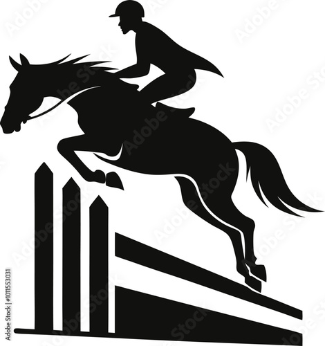  Horse and rider jumping over a hurdle. Hand drown horse vector.