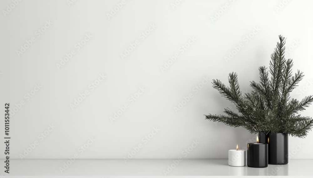 Obraz premium Scandinavian-style kitchen, minimalist Christmas decor, pine branches and candlelight, 3D illustration