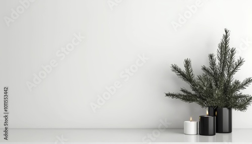 Wallpaper Mural Scandinavian-style kitchen, minimalist Christmas decor, pine branches and candlelight, 3D illustration Torontodigital.ca
