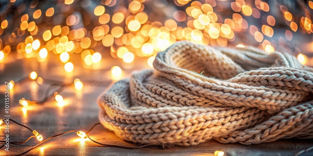 A soft knitted scarf draped on a wooden surface with warm, golden bokeh lights in the background. A soft knitted scarf draped on a wooden surface with warm, golden bokeh lights in the background.