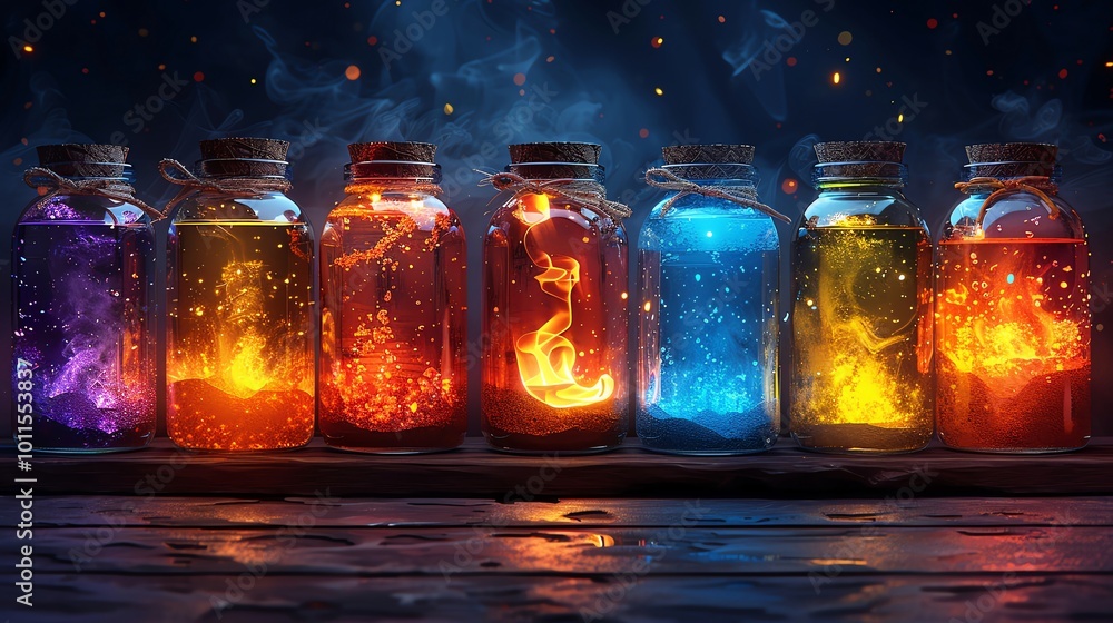 Witchs potion jars with glowing contents at the border Witchs potion jars with glowing contents at the border