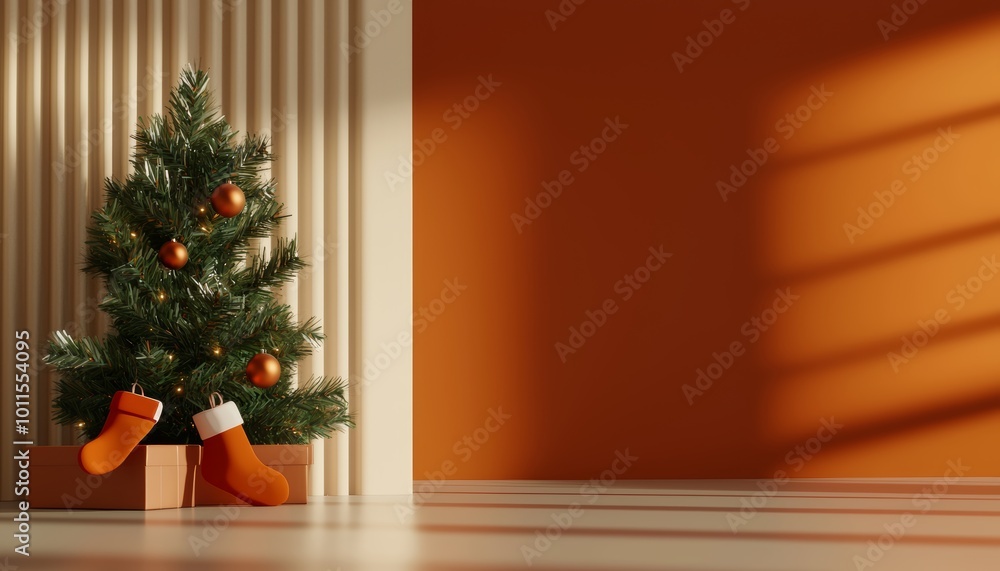 Small studio apartment, Christmas tree and stockings in compact space, urban holiday vibe, 3D illustration Small studio apartment, Christmas tree and stockings in compact space, urban holiday vibe, 3D illustration