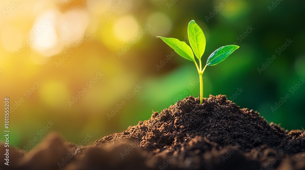 Fototapeta premium Small Plant Sprouting from Soil in Natural Light