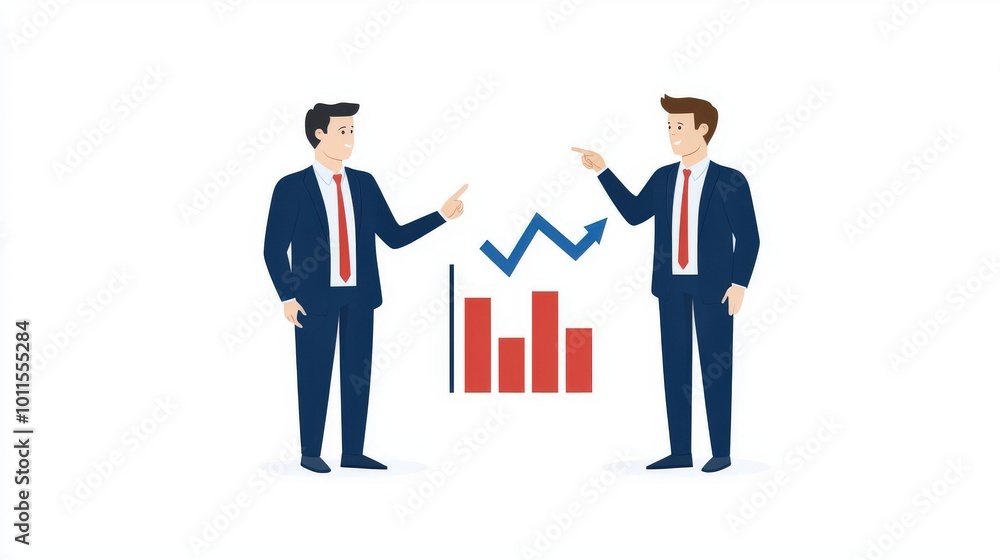 Two businessmen discussing statistics with graphs and charts, representing teamwork and data analysis in a corporate setting. Two businessmen discussing statistics with graphs and charts, representing teamwork and data analysis in a corporate setting.