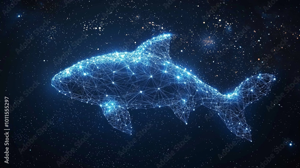 A dynamic digital illustration of a shark shape formed by glowing interconnected nodes against a cosmic star-studded dark sky, highlighting technology and nature blend. A dynamic digital illustration of a shark shape formed by glowing interconnected nodes against a cosmic star-studded dark sky, highlighting technology and nature blend.
