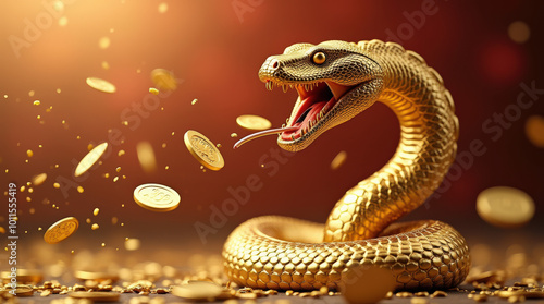 Golden Chinese Zodiac Snake on Red Background for 2025 New Year - Luxury Symbol of Prosperity and Wealth