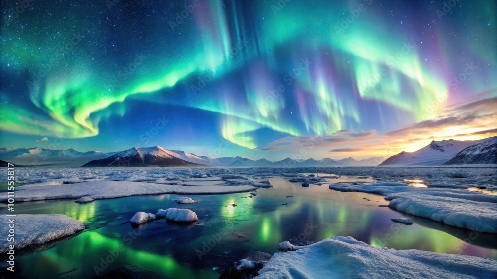 Aurora Borealis Illuminates a Frozen Landscape with Mountain Range and Starry Sky Aurora Borealis Illuminates a Frozen Landscape with Mountain Range and Starry Sky