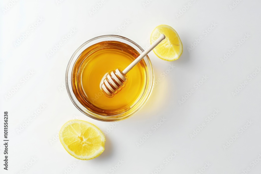 Flat lay (top view) of Glass bowl of pure honey with honey dipper and lemon fruit isolated on white background - generative ai Flat lay (top view) of Glass bowl of pure honey with honey dipper and lemon fruit isolated on white background - generative ai