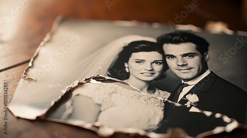 Torn Wedding Photo Lying on a Table photo