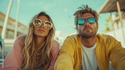 A fashionable pair poses in bright sunlight wearing vibrant colored jackets and stylish sunglasses, exuding a laid-back and trendy summer look perfect for leisure.