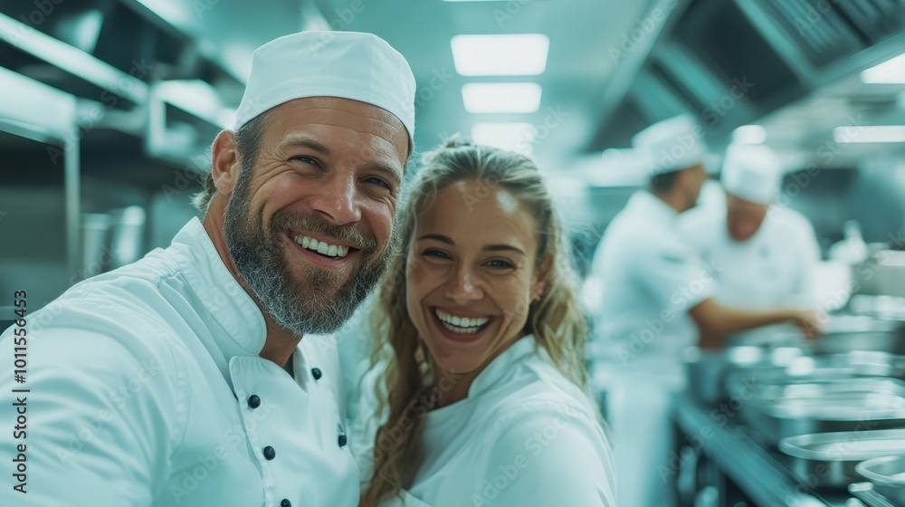 Two chefs, smiling broadly, pose in a professional kitchen, conveying the joy and passion of culinary arts in a harmonious and bustling environment. Two chefs, smiling broadly, pose in a professional kitchen, conveying the joy and passion of culinary arts in a harmonious and bustling environment.