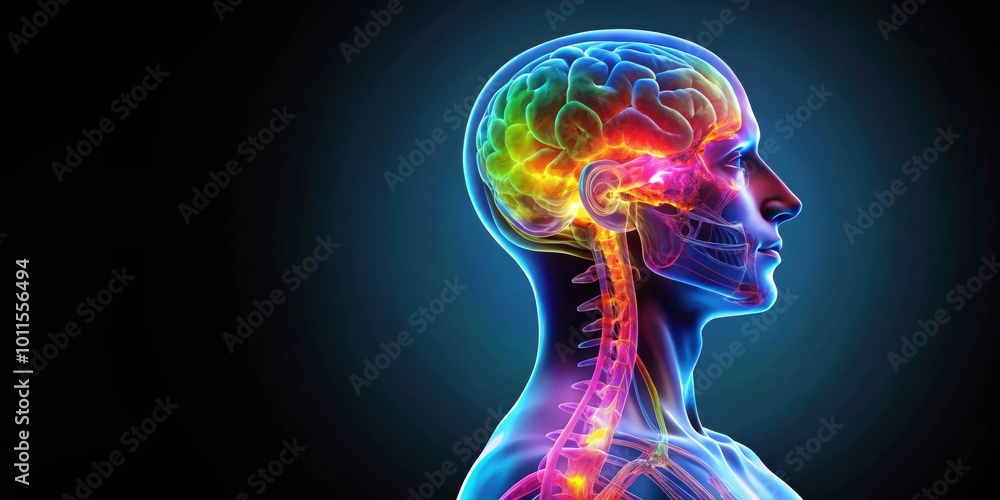 Naklejka premium A detailed anatomical illustration of the human head and neck with a colorful depiction of the brain, skull, and spinal cord.